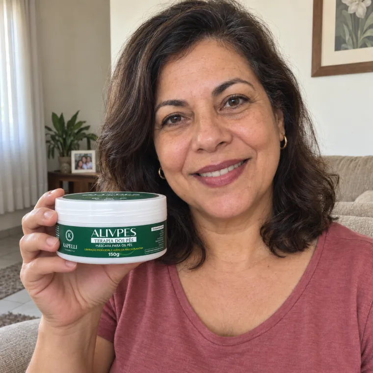 Vera Lúcia Andrade segurando o pote de ALIVPES