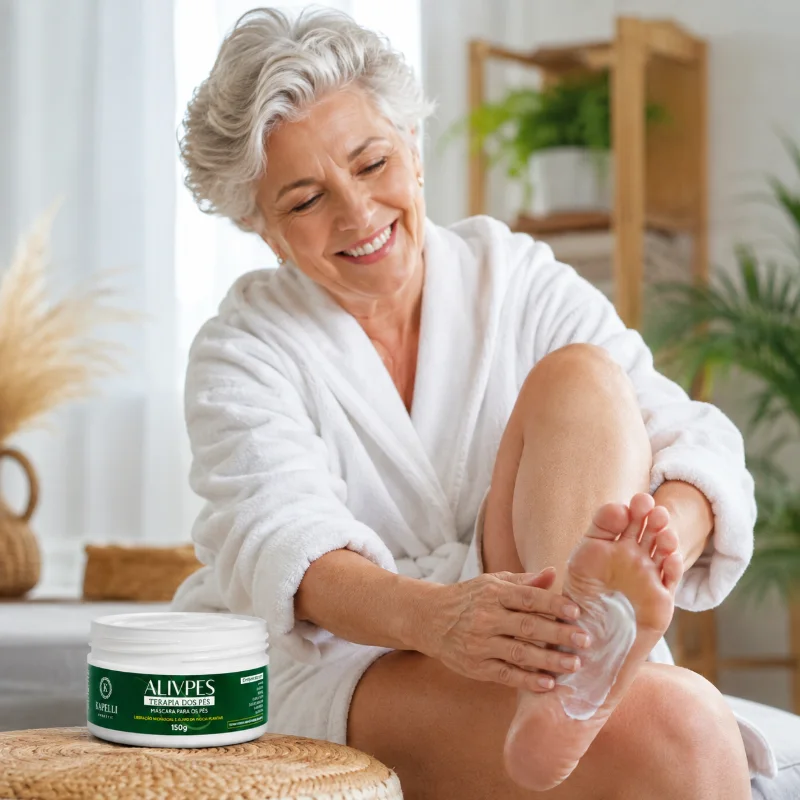 Mulher sorrindo enquanto aplica o ALIVPES no pé